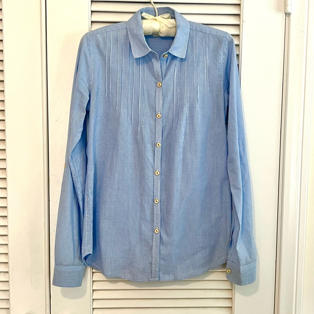 Trovata Women’s Blue Pinstripe Button-Up Shirt XS EUC